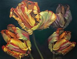 Traute Ziegenfuss, 3 parrot tulips 2021 oil 100x130 cm